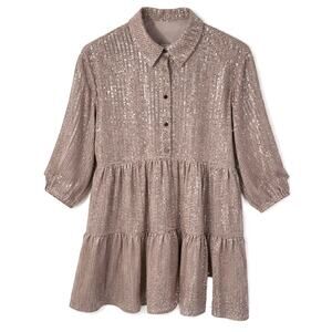 Anthropologie Maeve Silver Sequin Babydoll Dress Long Sleeve Size M